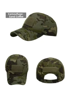 Detailed views of sand coffee camouflage tactical baseball cap with velcro patches