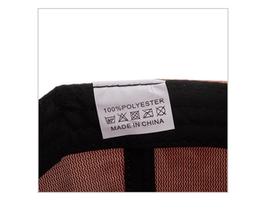Detail view of the outdoor baseball cap interior with 100% polyester washing label