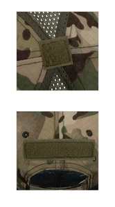 Detail view showing tactical camo hat top velcro patches and breathable mesh fabric