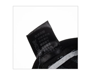 Close-up of washing instructions label on a black fabric baseball cap with clear symbols