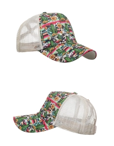 Detail of breathable cream mesh back and cactus sunflower print on trucker hat