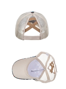 Detail view of beige ponytail baseball cap showing mesh fabric and elastic crisscross bands