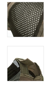 Detail of tactical camo hat featuring breathable mesh and adjustable velcro strap