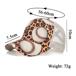 Detailed size specifications for leopard print baseball trucker hat with mesh back