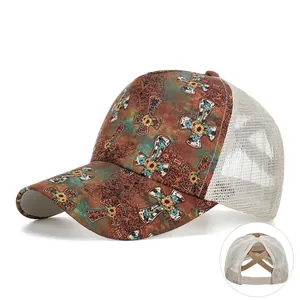 Women Criss Cross Ponytail Baseball Cap Mesh Trucker Hat Vintage Printed Cross Sunflower Adjustable Sun Hat Fashion Headwear