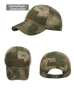 Three-angle view of tactical camo baseball cap in sand green with velcro patches