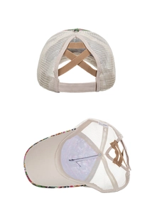 Internal details of beige mesh high ponytail cap with brown elastic crisscross straps