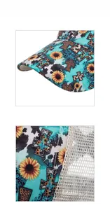 Detail of sunflower and cross print mesh baseball cap with turquoise paisley texture