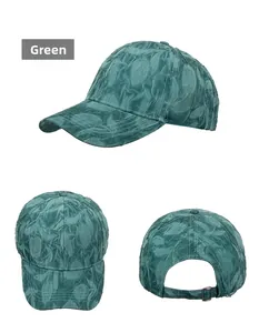 Three-view detail of green baseball cap with crinkled fabric and metal buckle