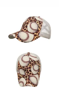 Detailed side and top view of brown leopard print trucker hat with baseball graphic