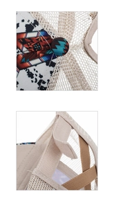 Detail of beige mesh trucker hat with ethnic patterns and elastic ponytail straps