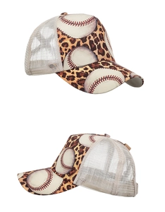 Detailed view of leopard print baseball cap with white breathable mesh back panels