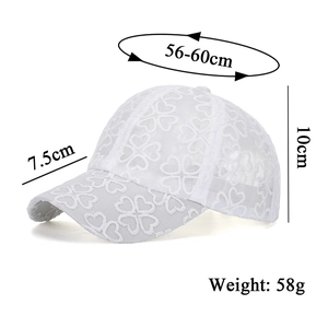 Detailed size specifications for white lace baseball cap with dimensions and weight