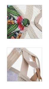 Detail of trucker hat cactus pattern fabric and internal wash label with adjustable strap