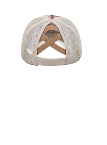 Detail of cross elastic straps on a beige mesh trucker hat for high ponytail hairstyles