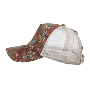 Brown vintage floral cross mesh baseball cap with sunflower print and adjustable back strap