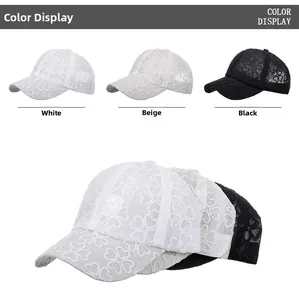 Detailed comparison of heart-shaped lace baseball caps in white, beige, and black