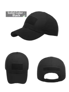 Detailed views of black tactical baseball cap with ripstop texture and velcro patches