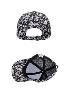 Detail of baseball cap showing adjustable metal buckle and interior 100% polyester label