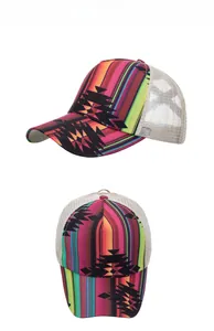 Detail of truck cap with colorful vertical stripes and ethnic geometric pattern print