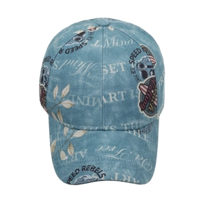 Blue washed denim baseball cap with retro American speed rebels printed graphics