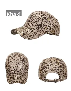Three-view layout of khaki baseball cap with golden leopard print and adjustable metal buckle