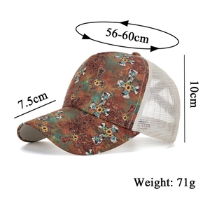 Brown vintage cross and sunflower trucker hat with white mesh back for sun protection