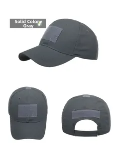 Detail view of dark grey tactical cap with ripstop fabric and velcro patch panels