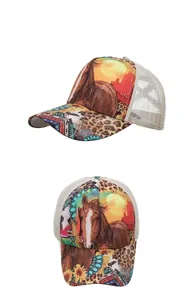 Detailed views of horse graphic trucker hat with leopard print and mesh back panels