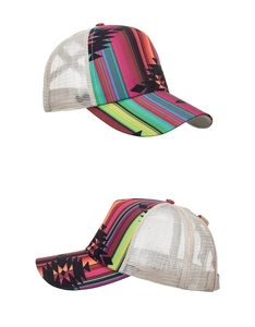 Detail of multi-color striped trucker hat featuring breathable white mesh and snapback closure