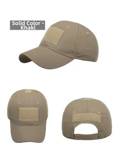 Detail of khaki tactical baseball cap with velcro patches and durable ripstop fabric