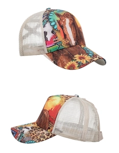 Detail of Western trucker hat with horse and sunflower print and white mesh panels