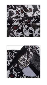 Detail of baseball cap with red glitter skull pattern and adjustable silver metal buckle