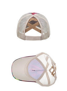 Detail of cross elastic criss cross ponytail opening on breathable mesh baseball cap