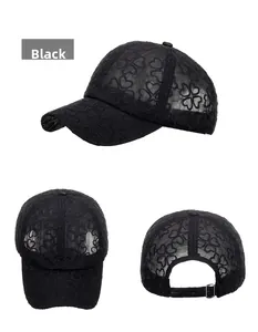 Multiple views of black lace baseball cap with clover embroidery and mesh texture