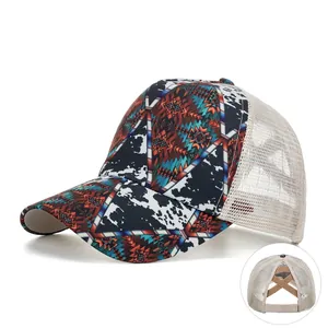 Women Ponytail Baseball Cap Mesh Trucker Hat Geometric Tribal Cow Print Criss Cross Elastic Back Adjustable Sun Hat Cotton