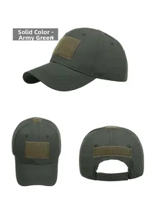 Three-view display of army green tactical baseball cap with durable ripstop fabric details