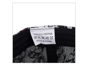 Detail view of the internal care label showing 100% polyester material and washing instructions
