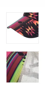 Detail showing the multi-color geometric print visor and breathable mesh back of baseball cap