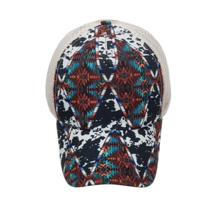 Diamond pattern mesh baseball cap with cow print and geometric ethnic design