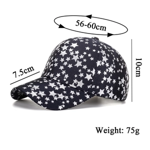 Unisex baseball cap with star print featuring detailed size and weight specifications