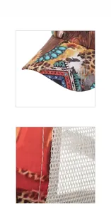 Detail of bohemian ethnic print brim and red mesh fabric stitching on the baseball cap