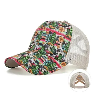 Fashion Women Cactus Sunflower Print Mesh Baseball Cap Criss Cross Ponytail Hat Breathable Cotton Trucker Hat Sunshade Hat
