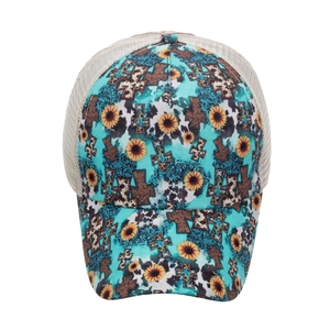 Lake blue trucker hat with sunflower and leopard cross print on white background