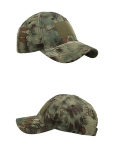Detail of camouflage tactical baseball cap featuring velcro patches and bionic snake pattern
