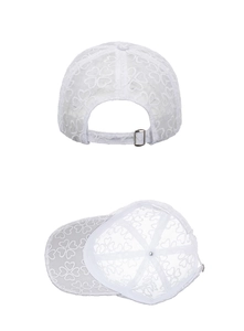 Detail view of white lace baseball cap featuring adjustable metal buckle and breathable mesh