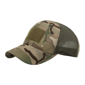 Tactical multicam camouflage baseball cap with breathable olive mesh and velcro panel