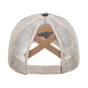 Beige mesh baseball cap with criss-cross elastic bands for high ponytail styling