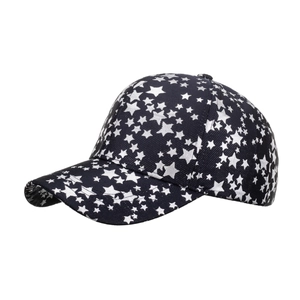 Classic navy baseball cap featuring all-over silver star print and curved brim for outdoor use