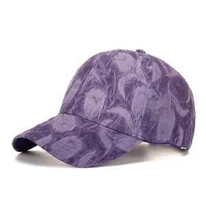 Fashion Unisex Polyester Baseball Cap With 3D Floral Texture Embossed Pleated Sun Hat Adjustable Outdoor Casual Sport Cap